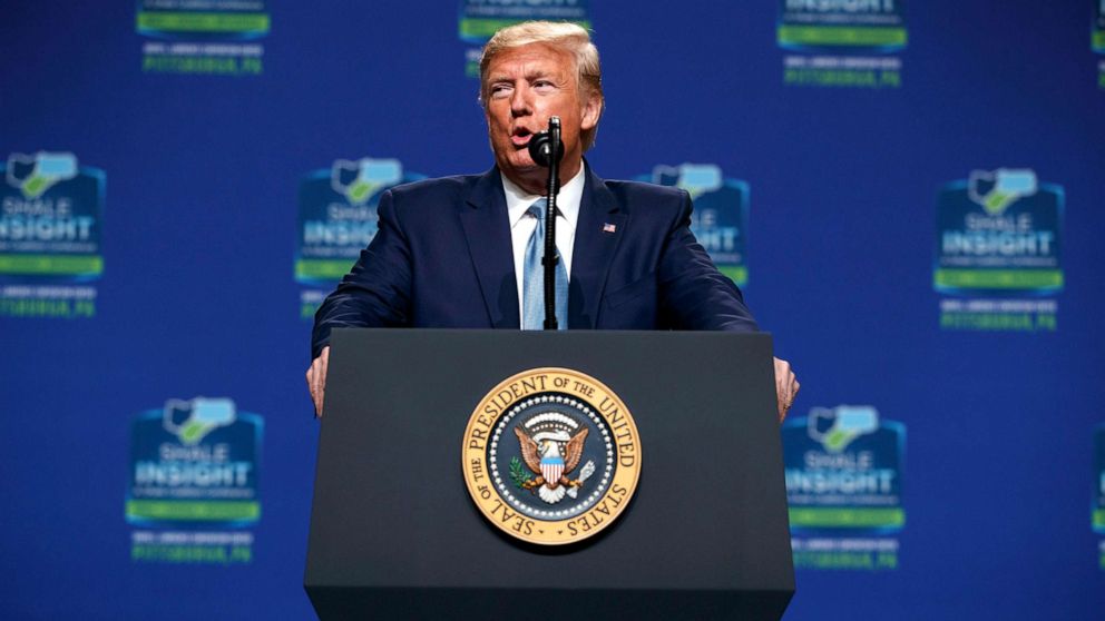 PHOTO: President Donald Trump speaks at the 9th annual Shale Insight Conference at the David L. Lawrence Convention Center, Oct. 23, 2019, in Pittsburgh. 