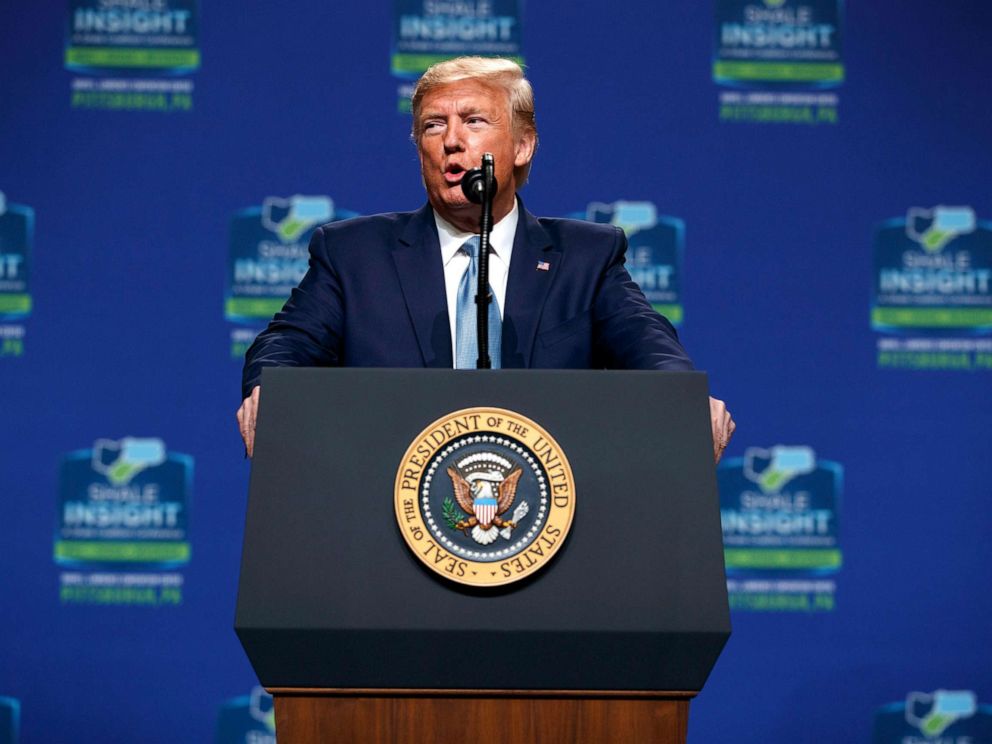 PHOTO: President Donald Trump speaks at the 9th annual Shale Insight Conference at the David L. Lawrence Convention Center, Oct. 23, 2019, in Pittsburgh.