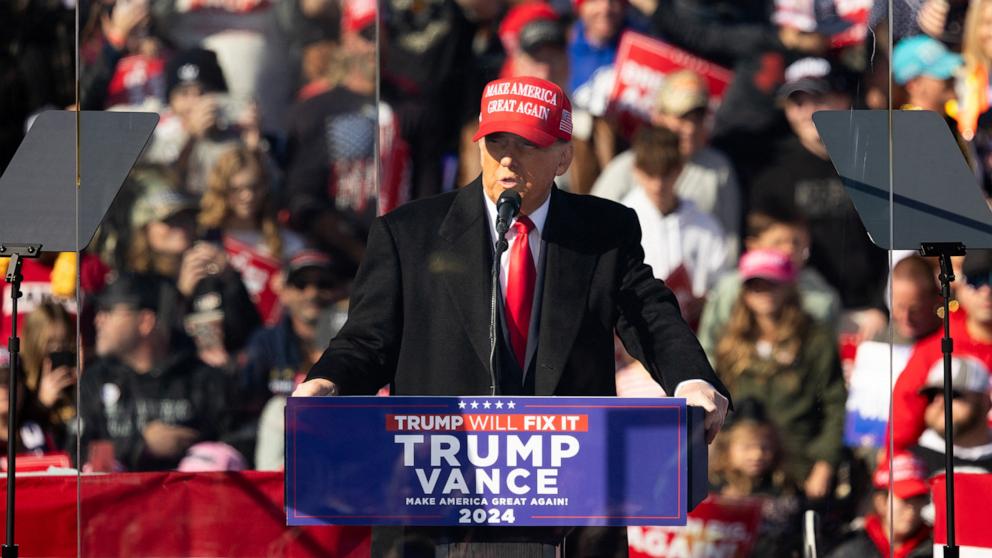 PHOTO: Former US President Republican presidential candidate Donald Trump speaks during a campaign rally in Lititz, Pennsylvania, on November 3, 2024.