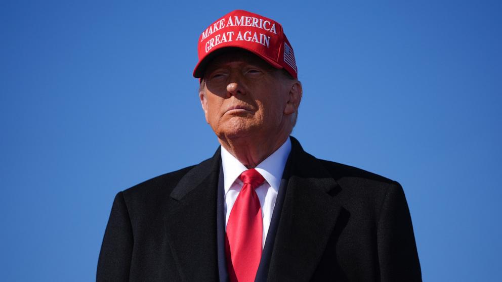 PHOTO: Republican presidential nominee former President Donald Trump arrives for a campaign rally in Lititz, Pa., Nov. 3, 2024. 