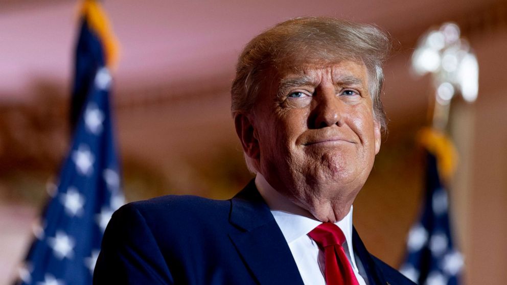 PHOTO: Former President Donald Trump announces he is running for president for the third time as he smiles while speaking at Mar-a-Lago in Palm Beach, Fla., Tuesday, Nov. 15, 2022.