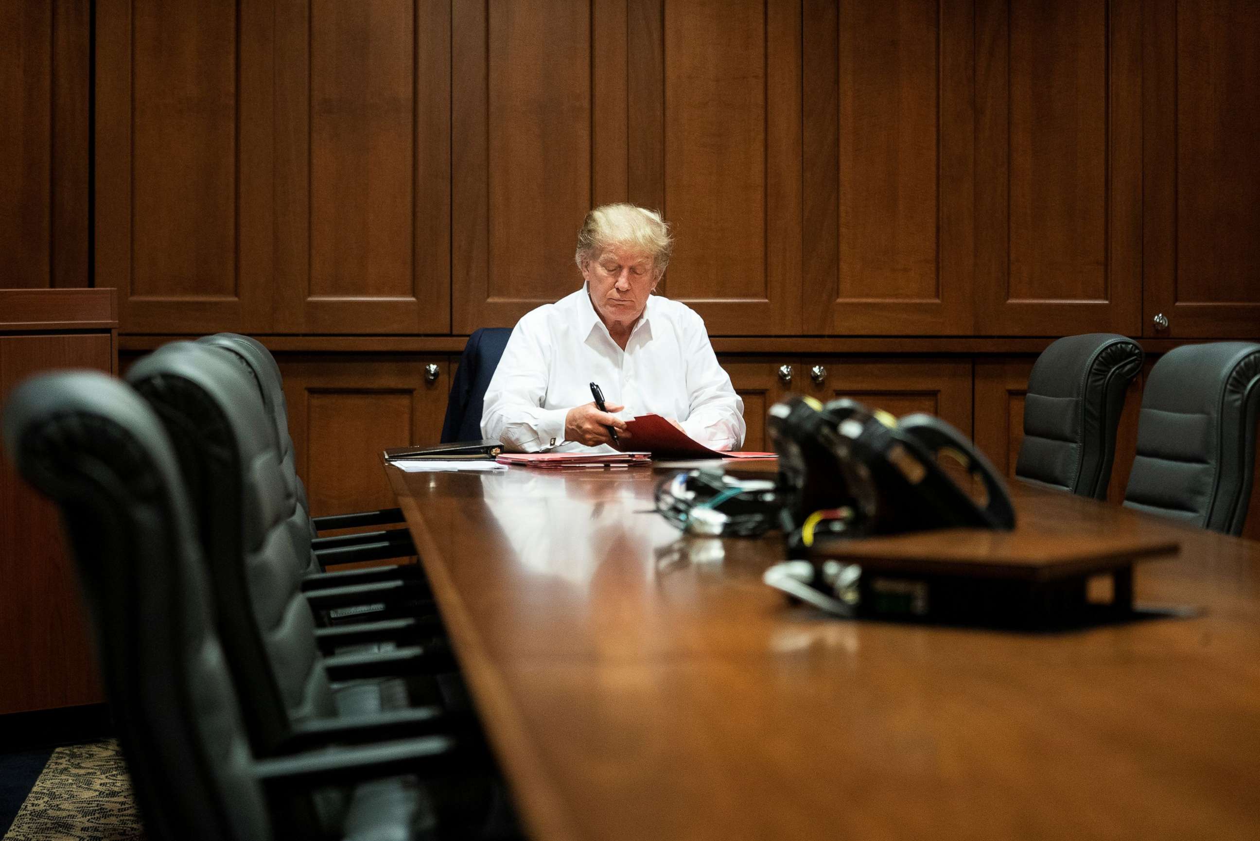 PHOTO: U.S. President Donald Trump works in a conference room while receiving treatment after testing positive for the coronavirus disease (COVID-19) at Walter Reed National Military Medical Center in Bethesda, Maryland, U.S. October 3, 2020. 