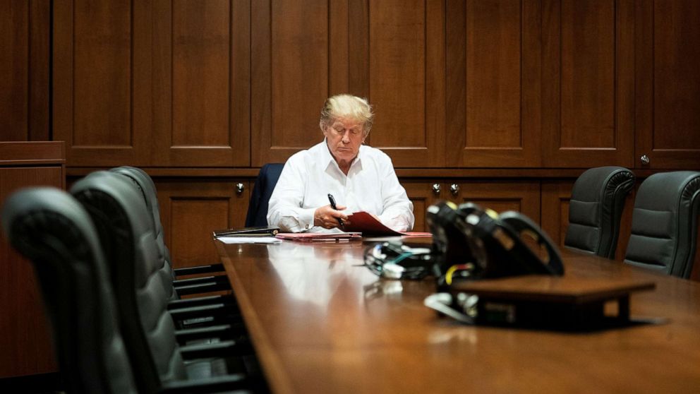 PHOTO: U.S. President Donald Trump works in a conference room while receiving treatment after testing positive for the coronavirus disease (COVID-19) at Walter Reed National Military Medical Center in Bethesda, Maryland, U.S. October 3, 2020. 