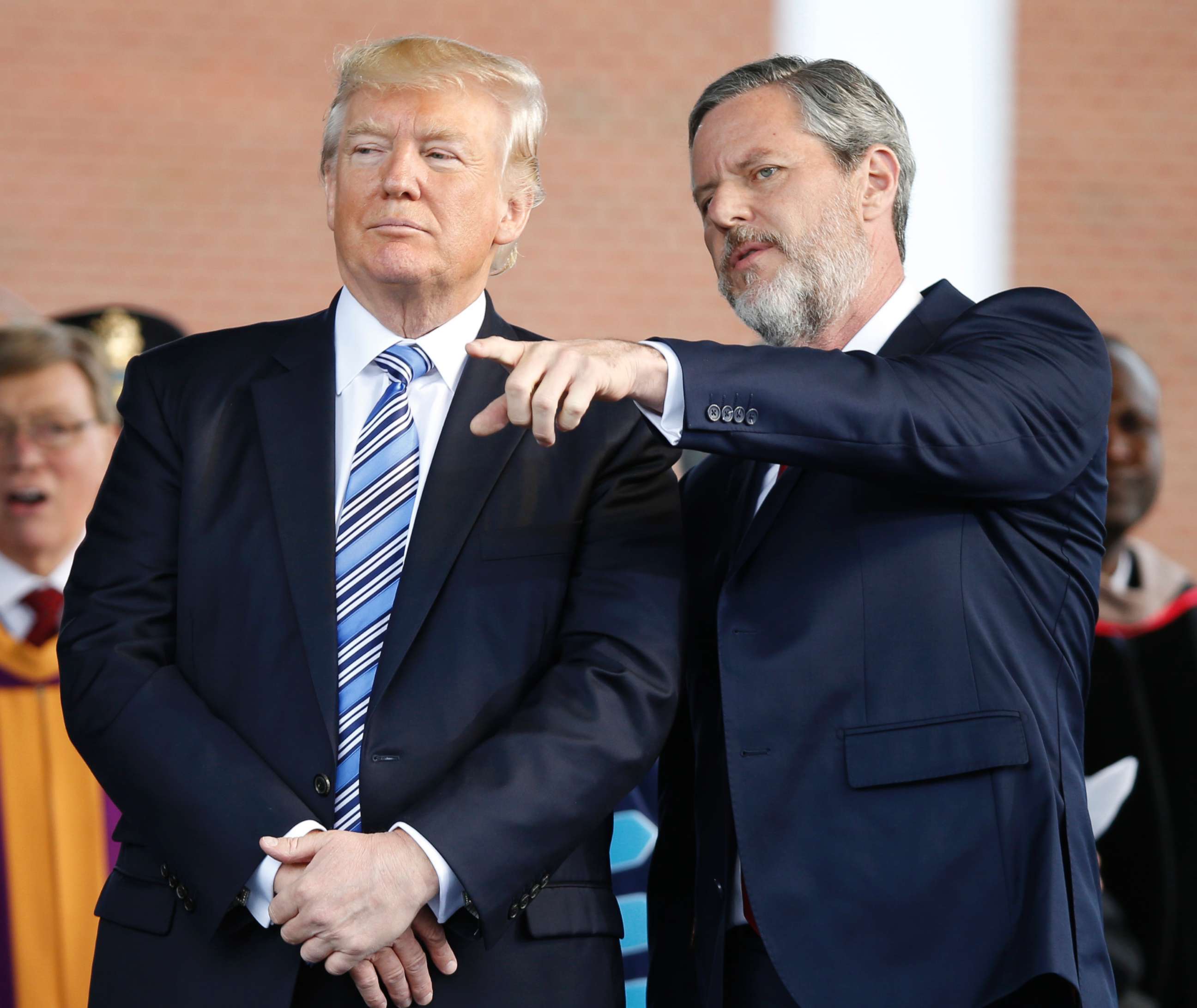 PHOTO: President Donald Trump stands with Liberty University President Jerry Falwell Jr. in Lynchburg, Va., on May 13, 2017. 