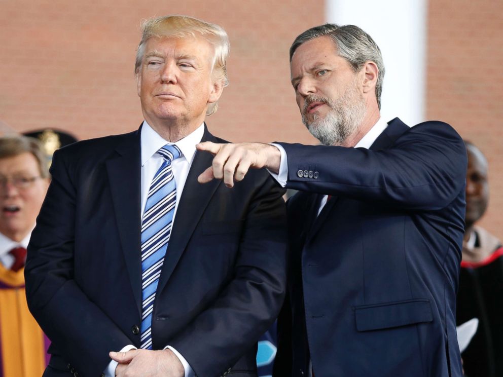PHOTO: President Donald Trump stands with Liberty University President Jerry Falwell Jr. in Lynchburg, Va., on May 13, 2017.
