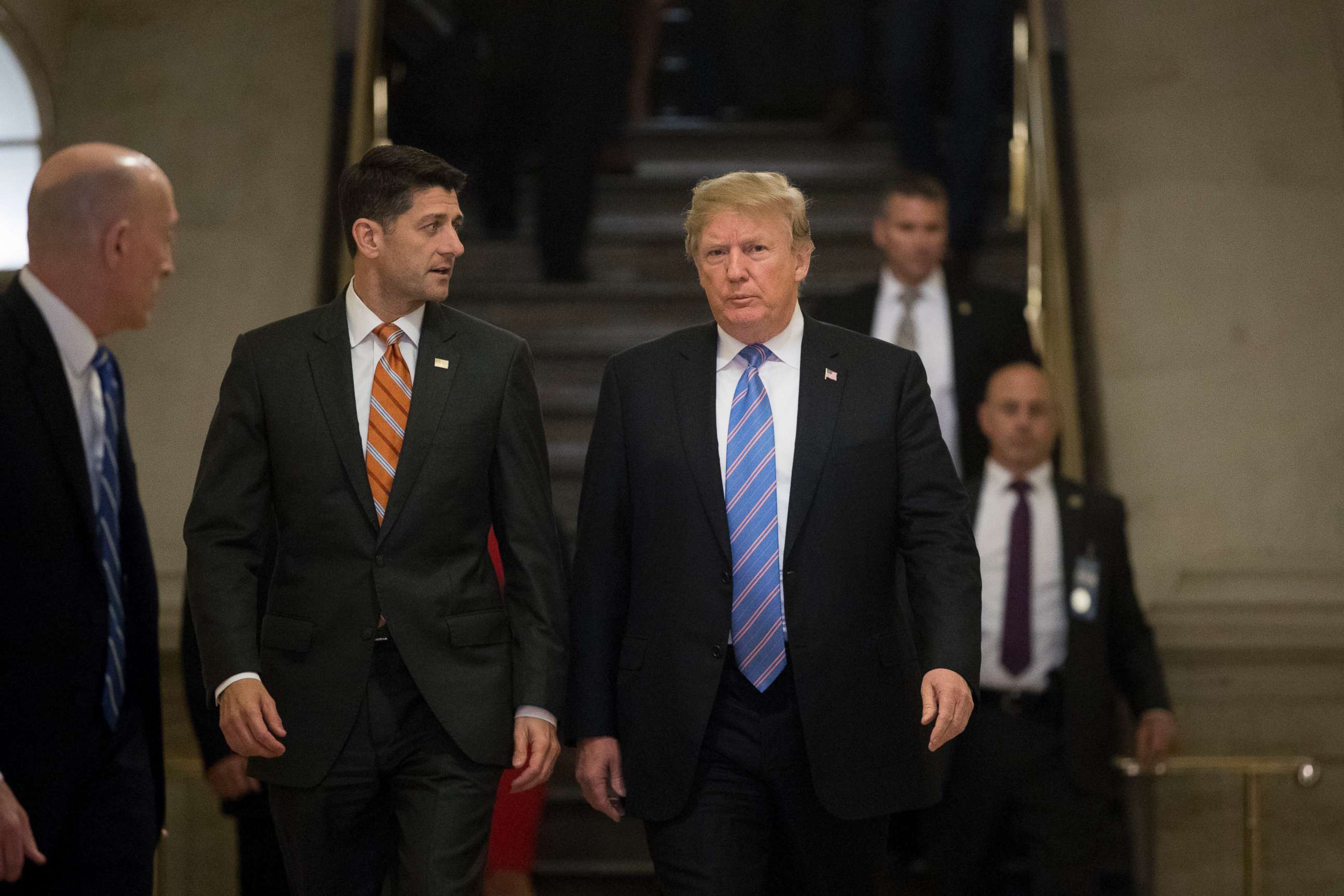 PHOTO: President Donald Trump, accompanied by House Speaker Paul Ryan of Wis., arrive on Capitol Hill in Washington, June 19, 2018, to rally Republicans around a GOP immigration bill.