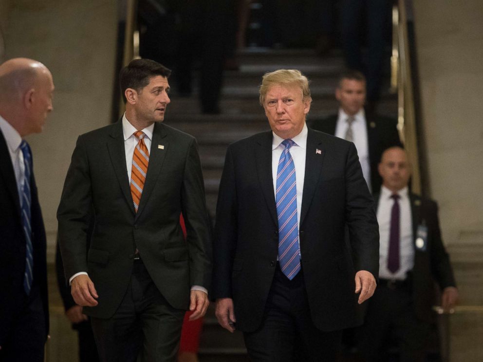 PHOTO: President Donald Trump, accompanied by House Speaker Paul Ryan of Wis., arrive on Capitol Hill in Washington, June 19, 2018, to rally Republicans around a GOP immigration bill.