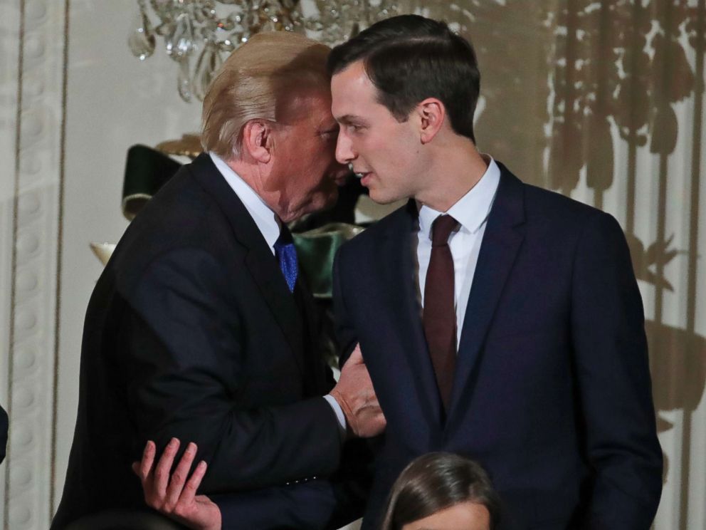 President Donald Trump speaks with White House Senior Adviser Jared Kushner as he departs after a Hanukkah reception in the East Room of the White House, Dec. 7, 2017, in Washington. Kushner has been working to help implement criminal justice reform.