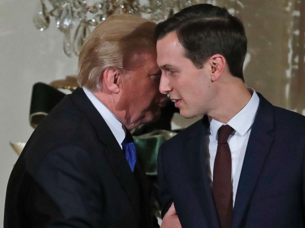 President Donald Trump speaks with White House Senior Adviser Jared Kushner as he departs after a Hanukkah reception in the East Room of the White House, Dec. 7, 2017, in Washington. Kushner has been working to help implement criminal justice reform.