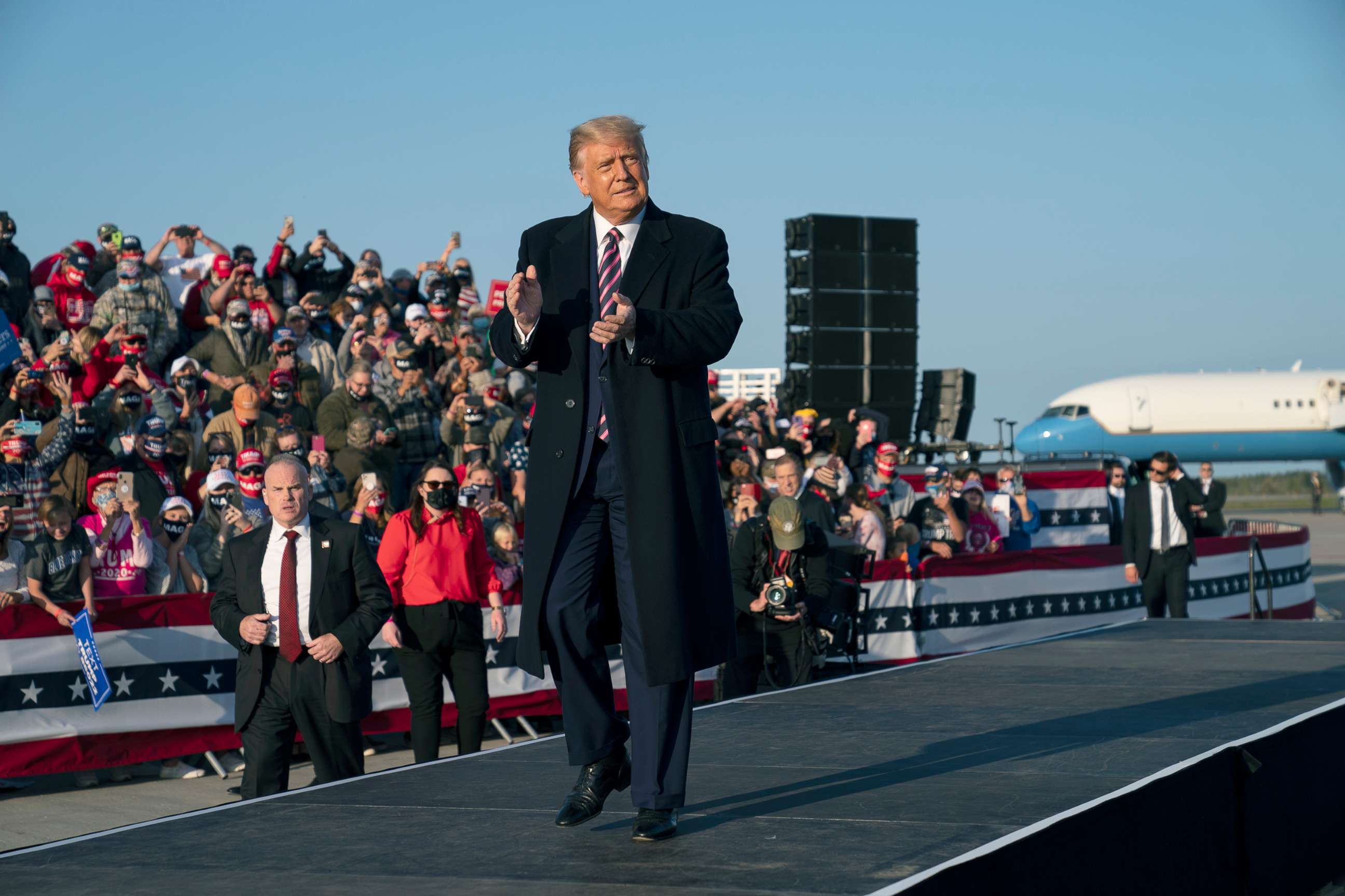 PHOTO: President Donald Trump arrives for a campaign rally at Bemidji Regional Airport, Sept. 18, 2020, in Bemidji, Minn.