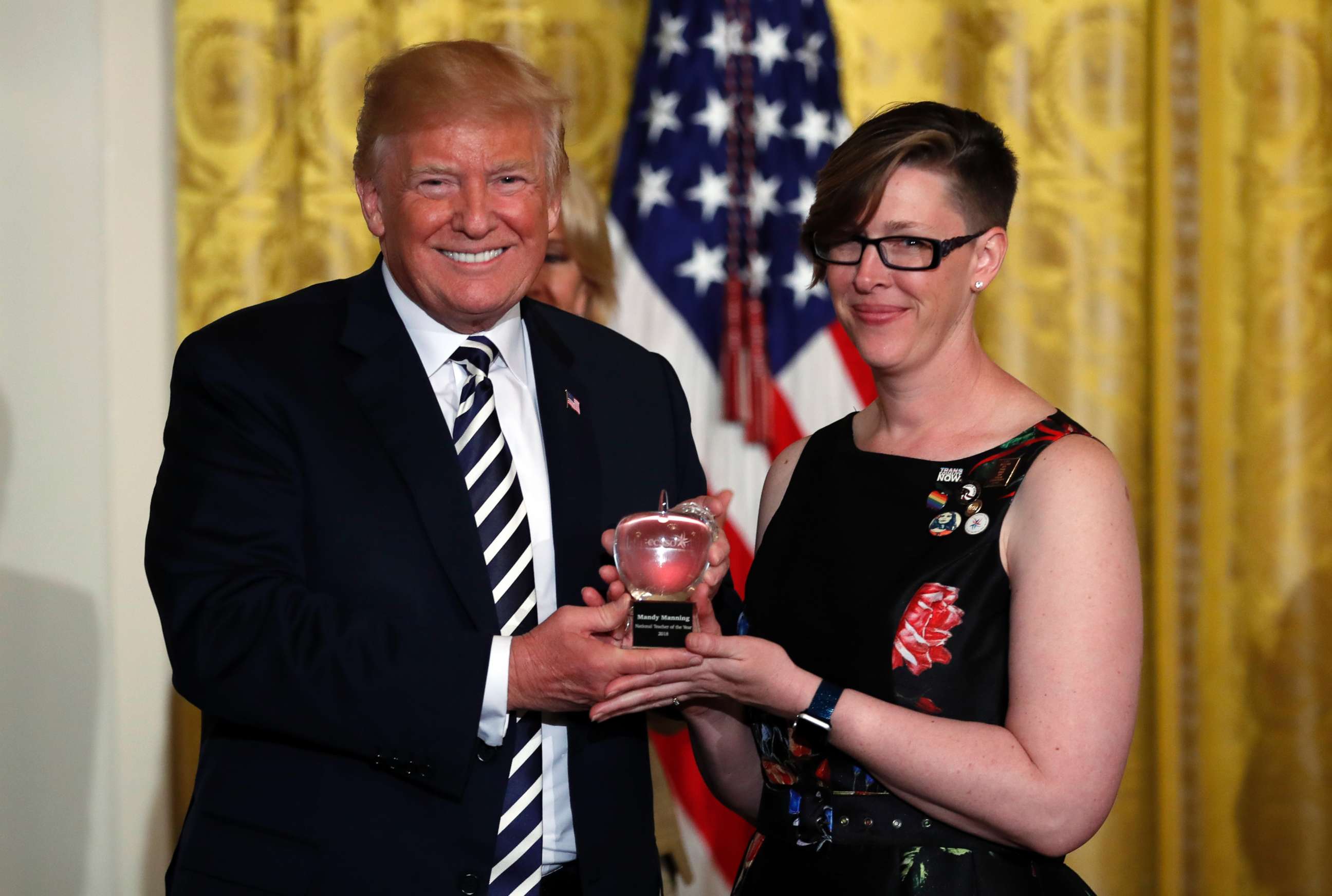 PHOTO: President Donald Trump presents the National Teacher of the Year award to Mandy Manning, a teacher at Newcomer Center at Joel E. Ferris High School in Spokane, Wash.,  in the East Room of the White House in Washington, May 2, 2018.