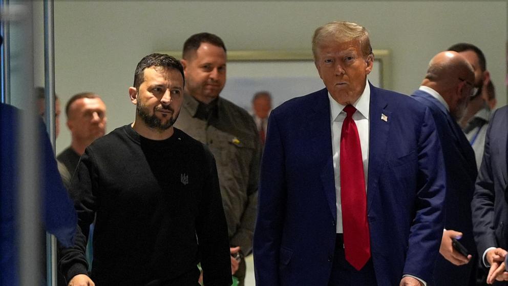 PHOTO: Republican presidential nominee former President Donald Trump meets with Ukraine's President Volodymyr Zelenskyy at Trump Tower, Sept. 27, 2024, in New York.