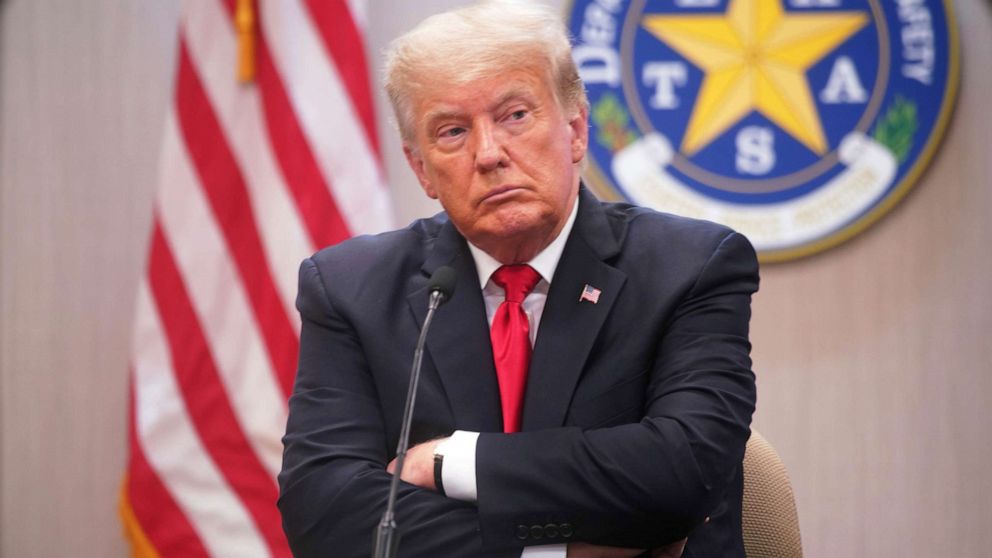 PHOTO: Former President Donald Trump listens to speakers at a border security briefing at the Texas DPS Weslaco Regional Office on Wednesday, June 30, 2021, in Weslaco, Texas.