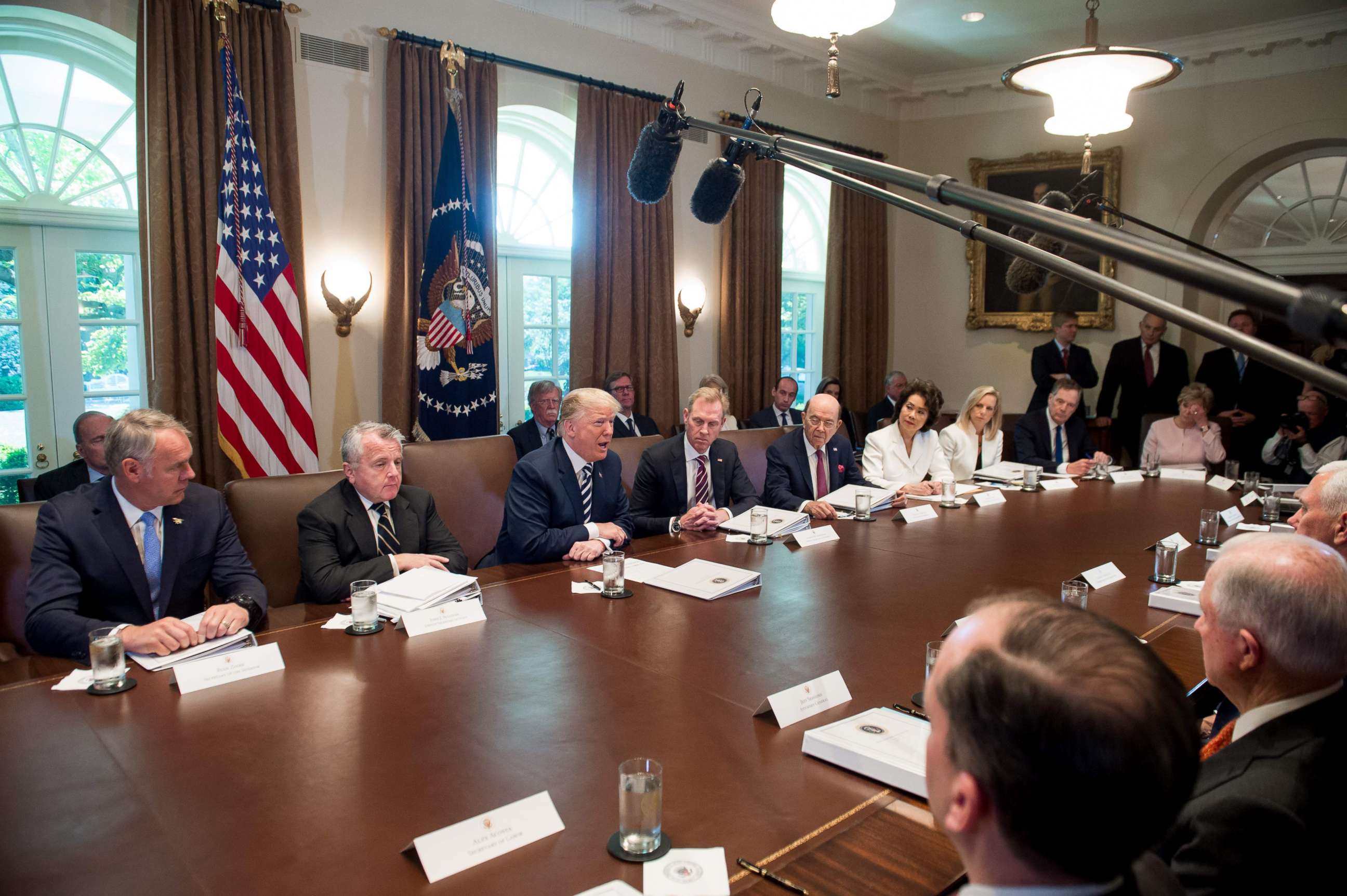 PHOTO: President Donald Trump speaks during a Cabinet Meeting in the Cabinet Room of the White House, May 9, 2018. DHS Secretary Kirstjen M. Nielsen is fourth from Trump on the right. 