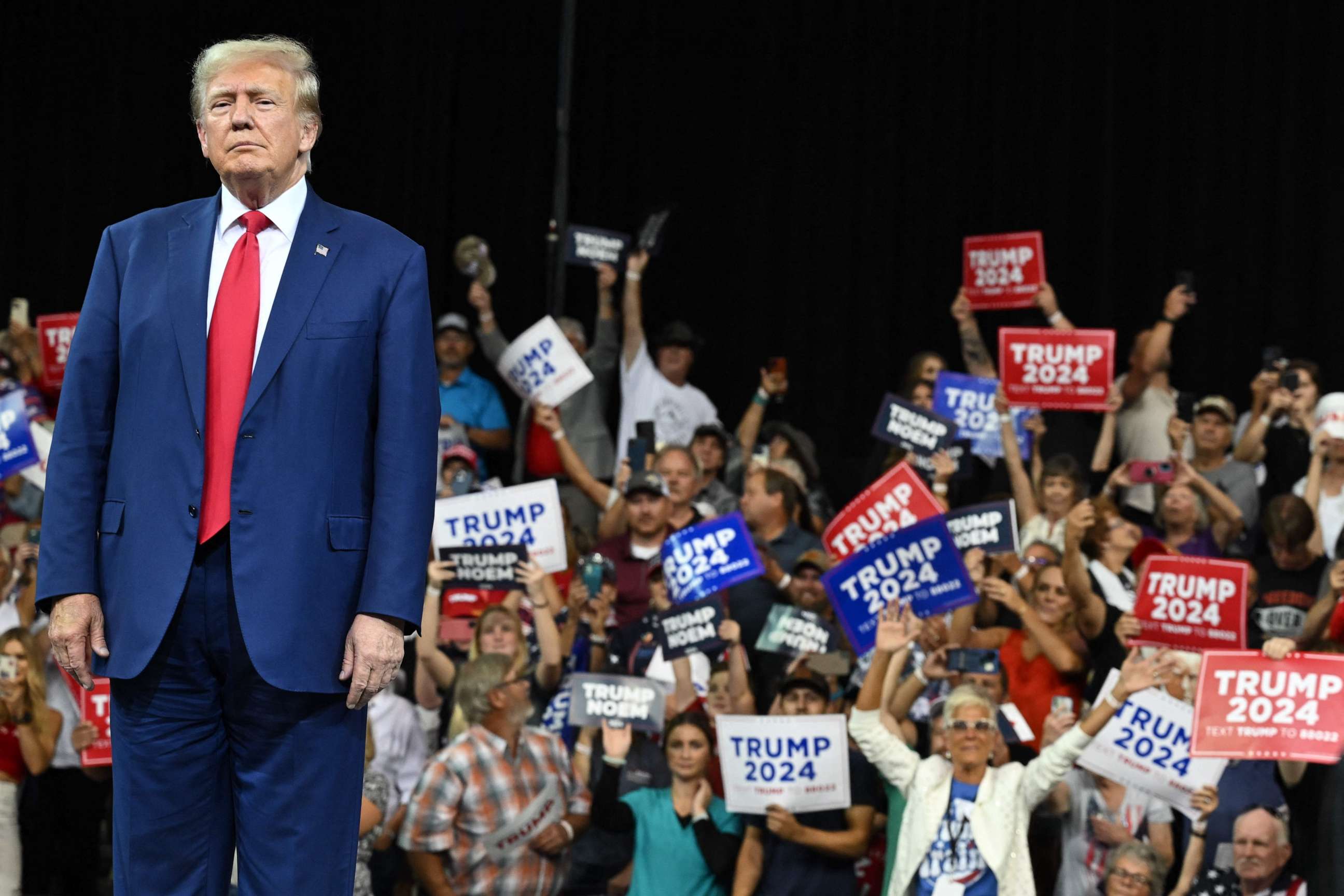 PHOTO: Former US president and 2024 Republican Presidential hopeful Donald Trump arrives to speak during the South Dakota Republican Party's Monumental Leaders rally in Rapid City, South Dakota, September 8, 2023. (