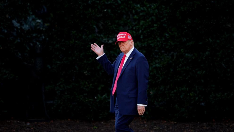 PHOTO: President Donald Trump waves to members of the media as he walks towards Marine One on the South Lawn of the White House on Feb. 28, 2025, in Washington.