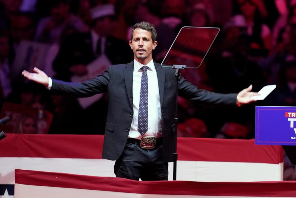 PHOTO: Tony Hinchcliffe arrives to speak before Republican presidential nominee former President Donald Trump during a campaign rally at Madison Square Garden in New York, Oct. 27, 2024.