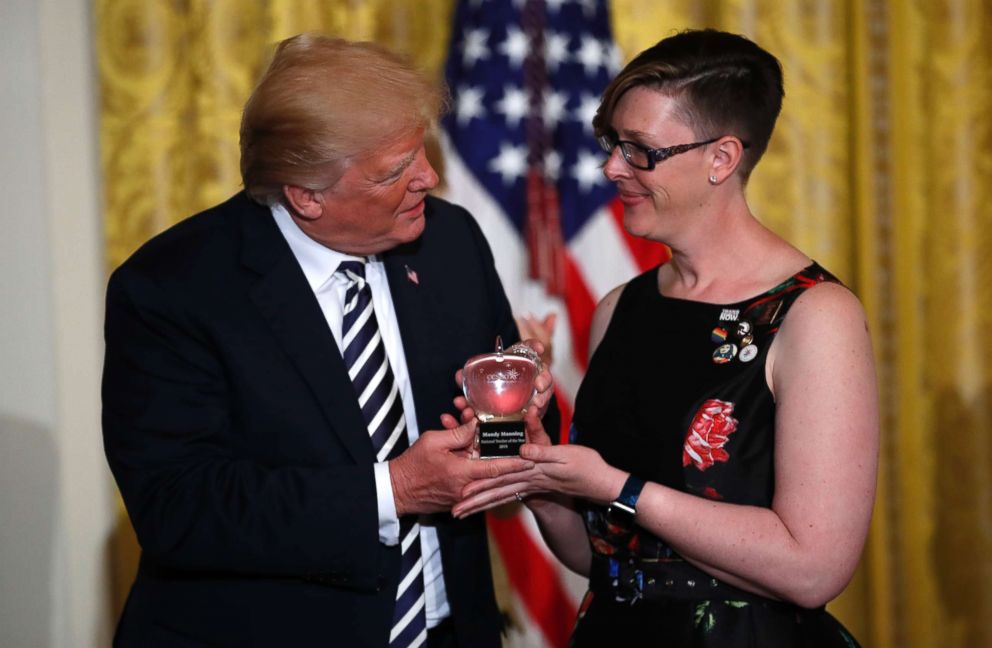 PHOTO: President Donald Trump presents the National Teacher of the Year award to Mandy Manning, a teacher at Newcomer Center at Joel E. Ferris High School in Spokane, Wash., in Washington, May 2, 2018.