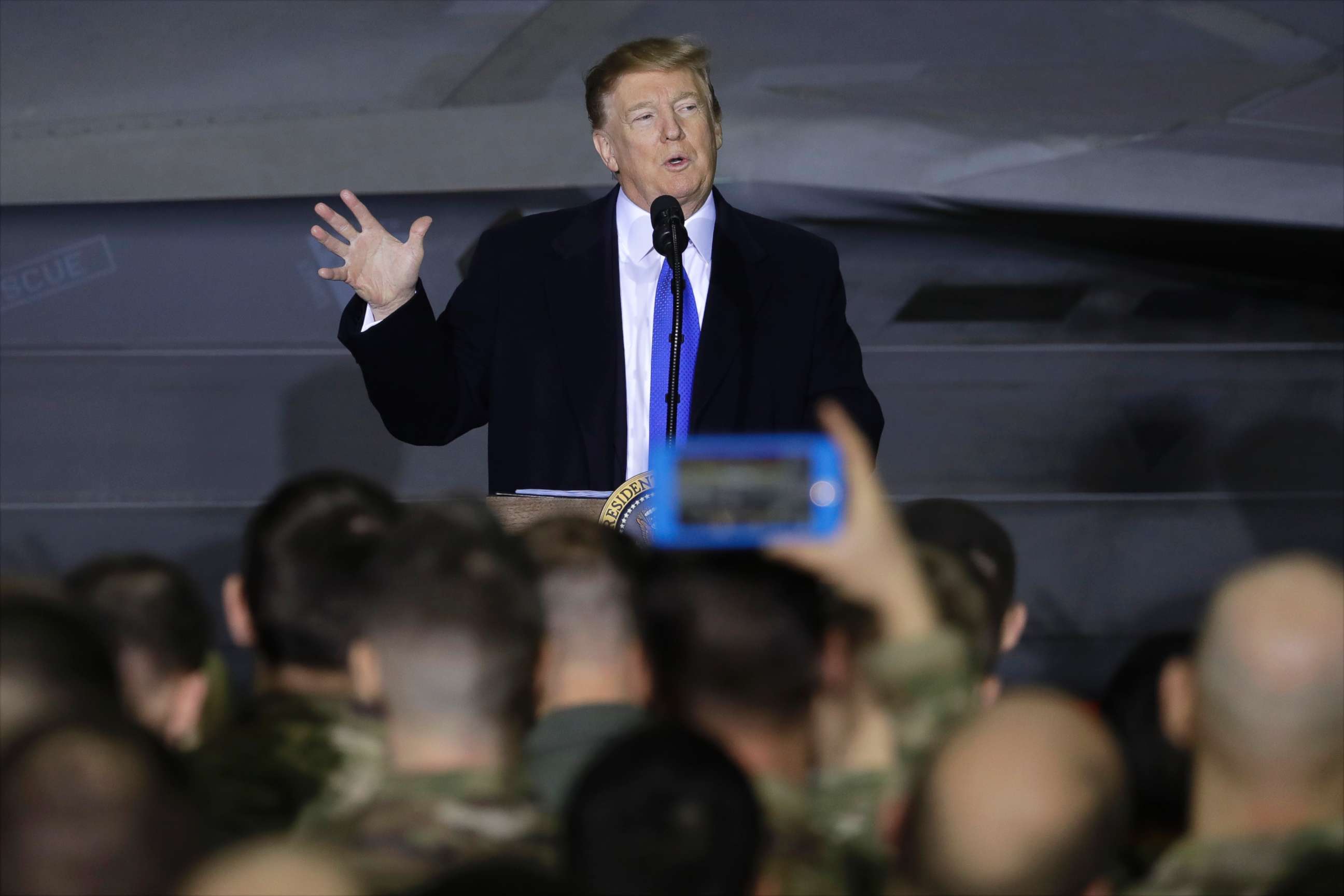 PHOTO: President Donald Trump speaks to service members at Joint Base Elmendorf-Richardson, Feb. 28, 2019, in Anchorage, Alaska.