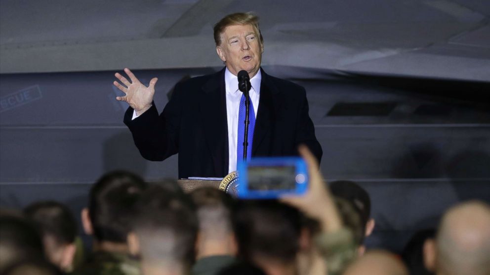 PHOTO: President Donald Trump speaks to service members at Joint Base Elmendorf-Richardson, Feb. 28, 2019, in Anchorage, Alaska.