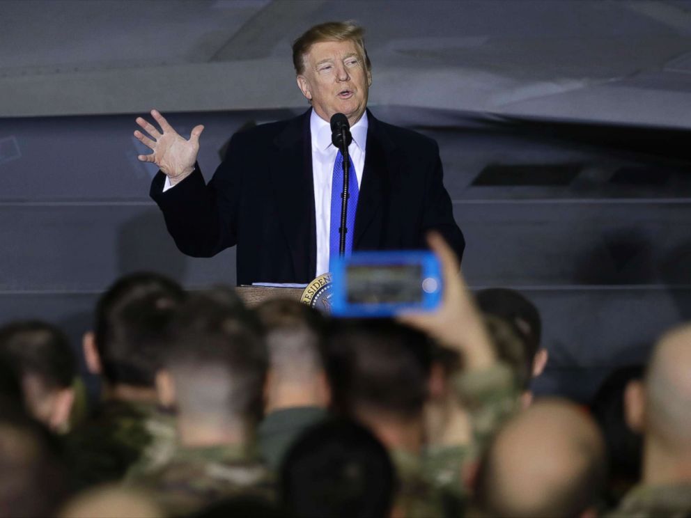 PHOTO: President Donald Trump speaks to service members at Joint Base Elmendorf-Richardson, Feb. 28, 2019, in Anchorage, Alaska.