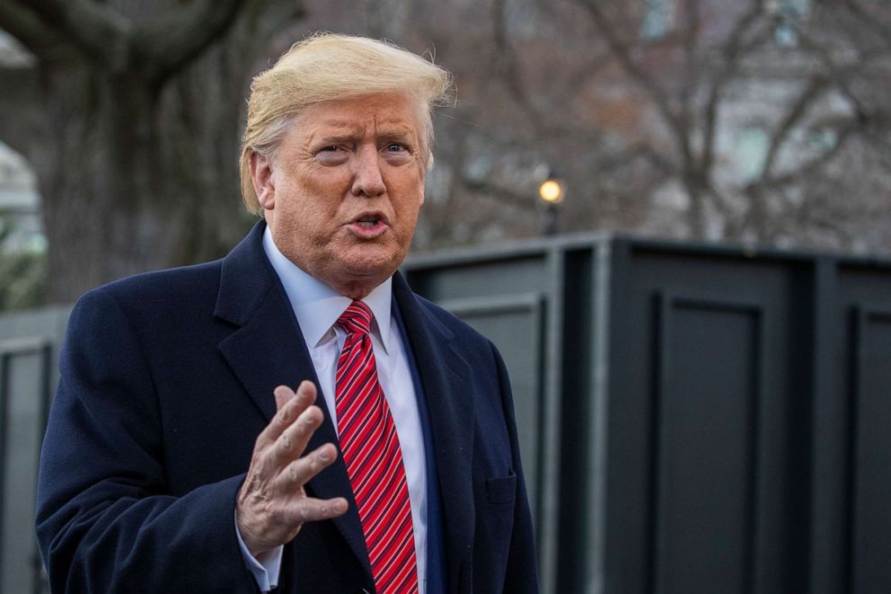 PHOTO: President Donald Trump speaks to reporters before leaving the White House, Friday, Feb. 28, 2020, in Washington, to attend a campaign rally in North Charleston, S.C. (AP Photo/Manuel Balce Ceneta)