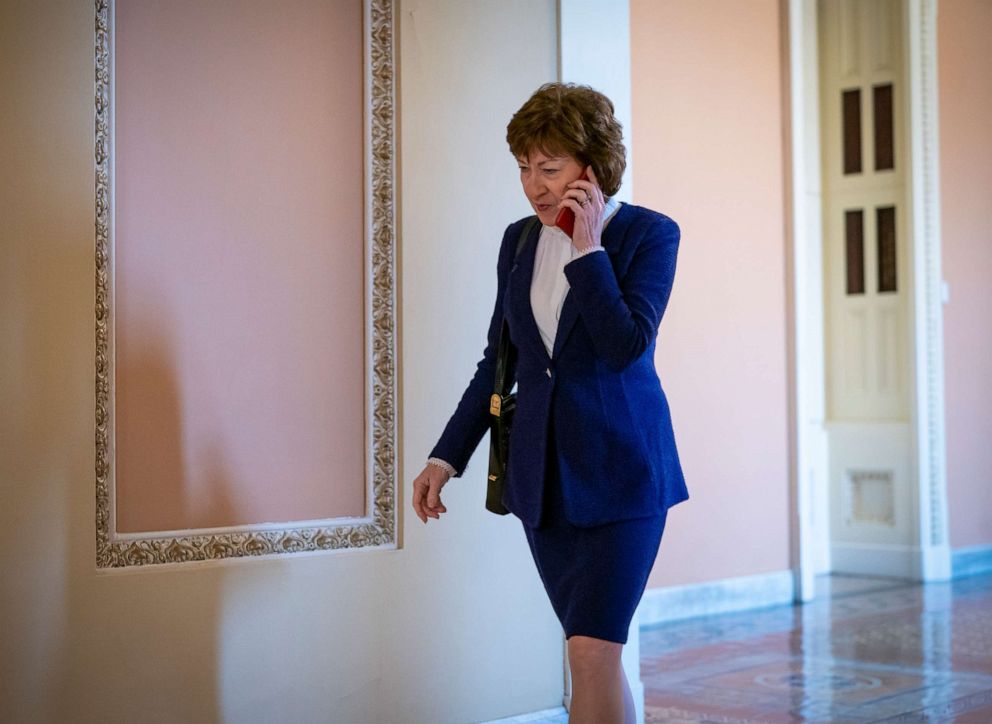 PHOTO: Sen. Susan Collins arrives as the impeachment trial of President Donald Trump on charges of abuse of power and obstruction of Congress resumes in Washington, Friday, Jan. 31, 2020.