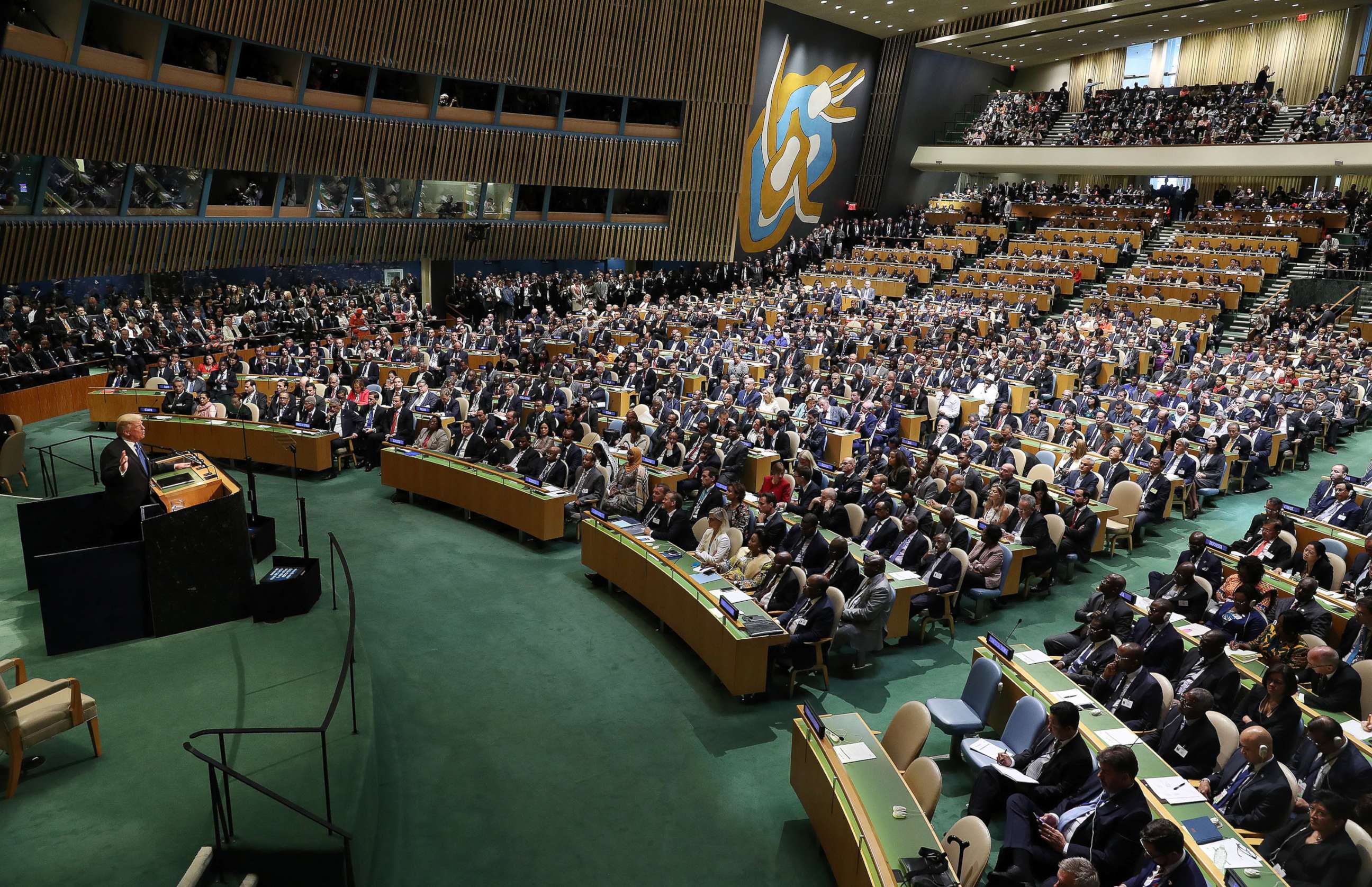 PHOTO: Empty seats, lower right, are seen after the North Korean Ambassador left prior to President Donald J. Trump's address at the opening session of United Nations General Assembly in New York, Sept. 19, 2017. 