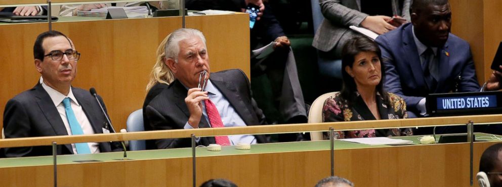 PHOTO: From left, Secretary of Treasury Steven Mnuchin, Secretary of State Rex Tillerson, and Nikki Haley, Ambassador to the United Nations, listen as President Donald J. Trump addresses the United Nations General Assembly in New York, Sept. 19, 2017. 