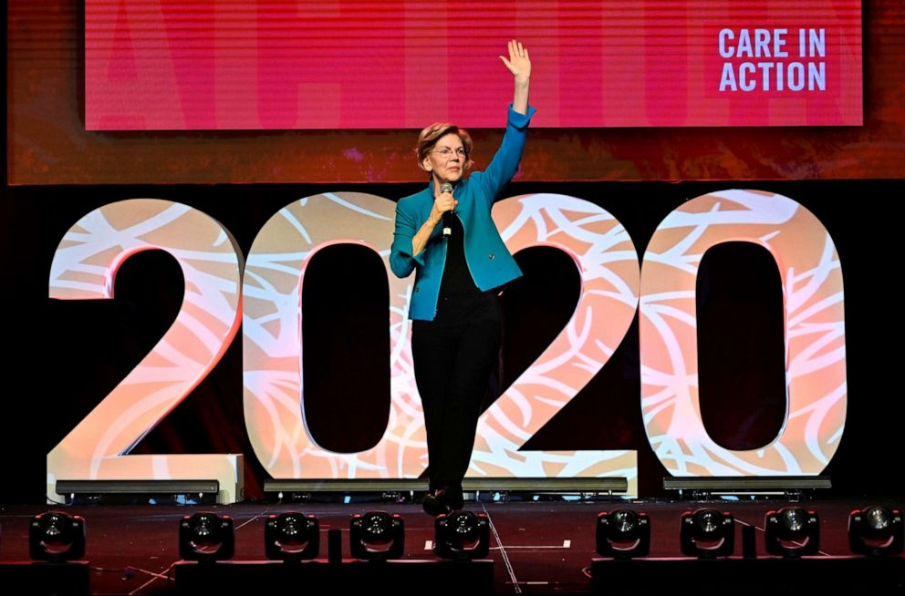PHOTO: Democratic U.S. presidential candidate Senator Elizabeth Warren gestures as she addresses the Care in Action Domestic Worker Meeting in Las Vegas, Nevada, U.S., 