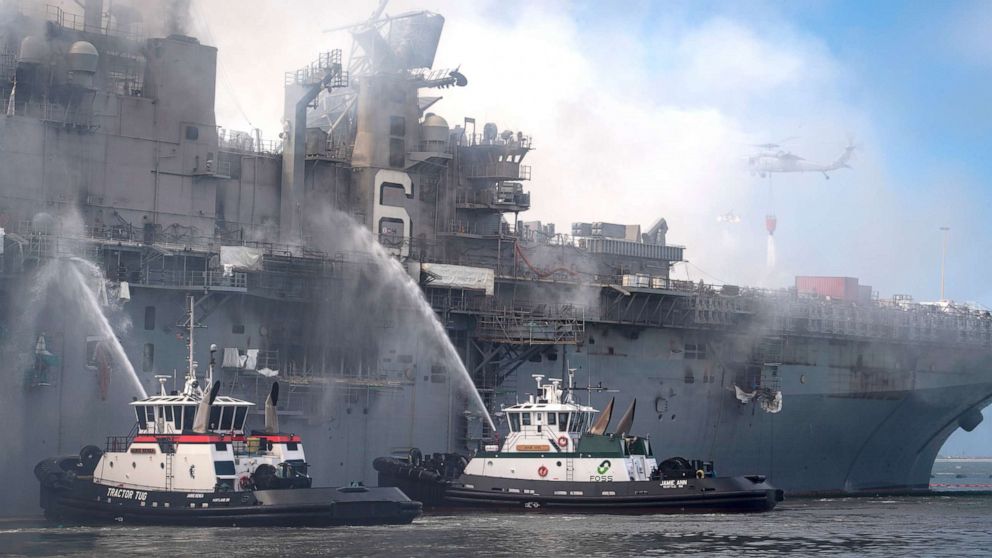 PHOTO: Navy and civilian fire crews fight a fire aboard the amphibious assault ship USS Bonhomme Richard, July 13, 2020, in San Diego.