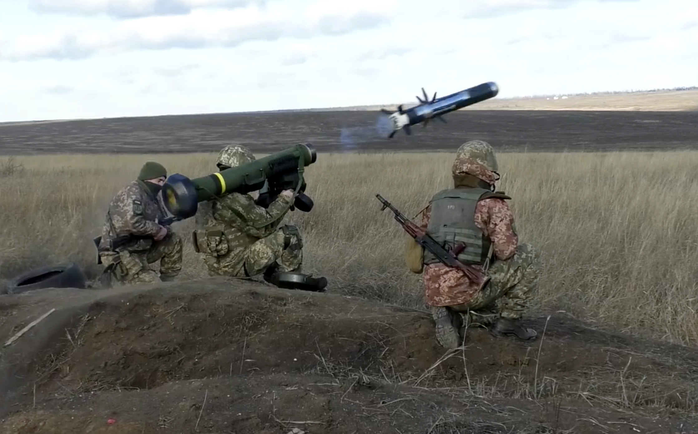 PHOTO: In this image taken from footage provided by the Ukrainian Defense Ministry Press Service, a Ukrainian soldiers use a launcher with US Javelin missiles during military exercises in Donetsk region, Ukraine, Jan. 12, 2022.