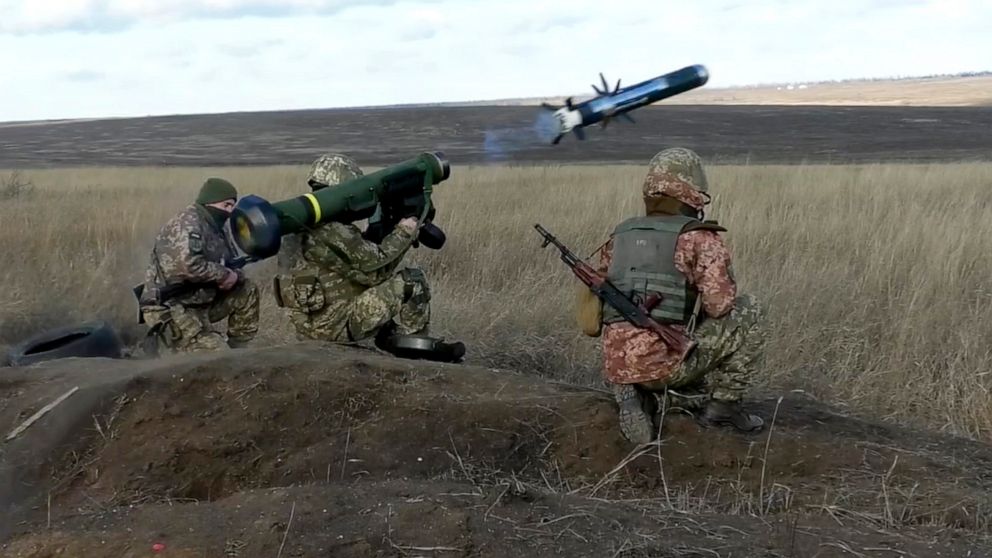PHOTO: In this image taken from footage provided by the Ukrainian Defense Ministry Press Service, a Ukrainian soldiers use a launcher with US Javelin missiles during military exercises in Donetsk region, Ukraine, Jan. 12, 2022.