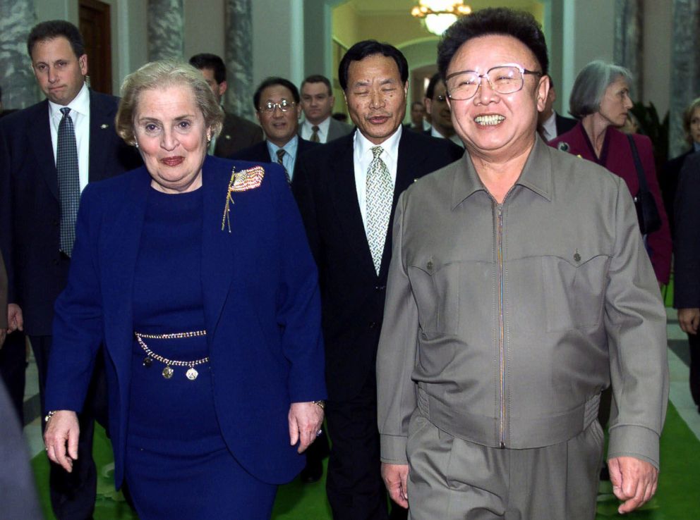PHOTO: U.S. Secretary of State Madeleine Albright walks with North Korean Leader Kim Jong Il, right, towards a conference room at the Pae Kha Hawon Guest House in Pyongyang, North Korea, Oct. 23, 2000.