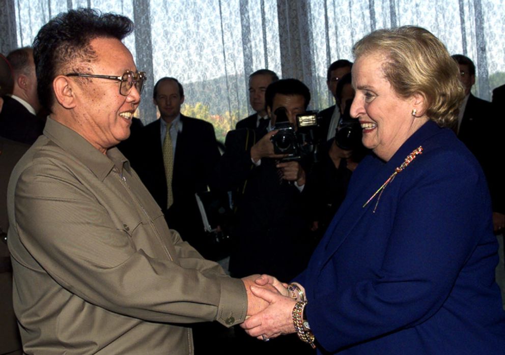 PHOTO: North Korean Leader Kim Jong Il, left, shakes hands with U.S. Secretary of State Madeleine Albright at the Pae Kha Hawon Guest House in Pyongyang on Oct. 23, 2000.