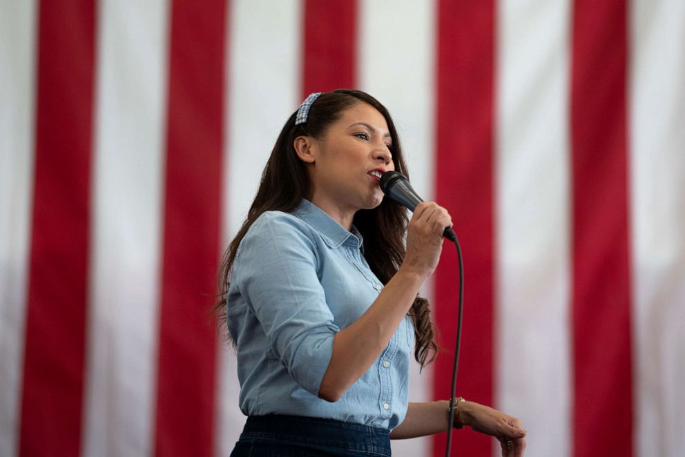 PHOTO: Yesli Vega, a primary candidate for the 7th Congressional District, speaks during a campaign event, June 20, 2022, in Fredericksburg, Va. 