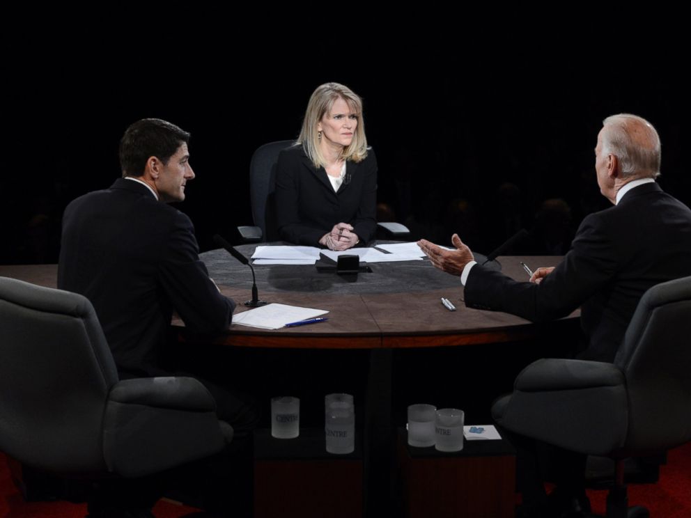 PHOTO: Moderator Martha Raddatz watches as Vice President Joe Biden and Republican vice presidential nominee Rep. Paul Ryan participate in the vice presidential debate at Centre College, Oct. 11, 2012, in Danville, Kentucky.