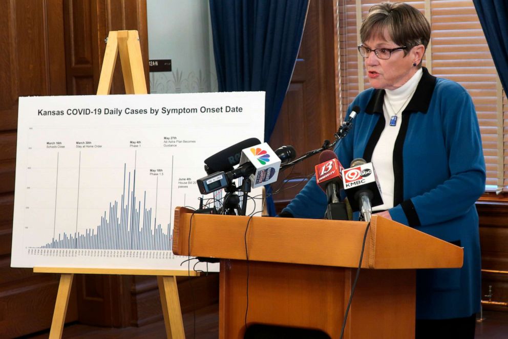 PHOTO: Kansas Gov. Laura Kelly announces that she plans to issue an order delaying the reopening of the state's K-12 schools until after Labor Day during a news conference, Wednesday, July 15, 2020, at the Statehouse in Topeka, Kan.
