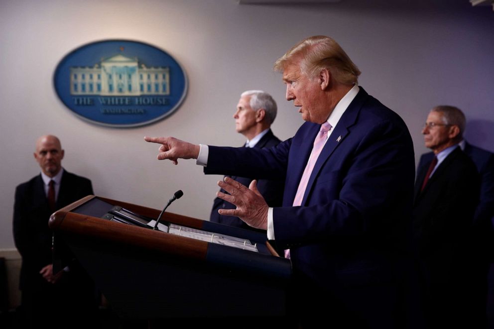 PHOTO: President Donald Trump speaks during a coronavirus task force briefing at the White House, Saturday, April 4, 2020, in Washington. 
