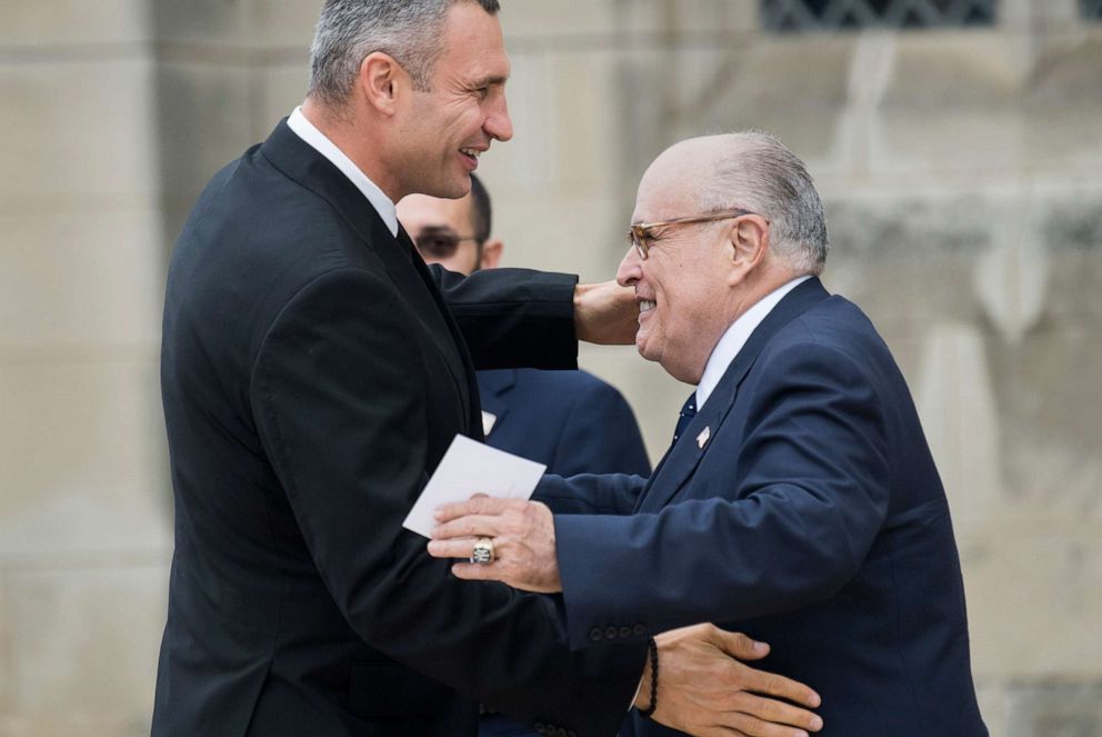 PHOTO: Rudy Giuliani, right, greets Mayor of Kyiv, Vitali Klitschko, before for the funeral of the late Sen. John McCain, at the Washington National Cathedral on Sept. 1, 2018 in Washington, D.C.