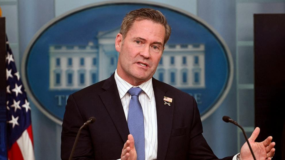 PHOTO: National Security Advisor Mike Waltz speaks during the daily press briefing in the Brady Briefing Room of the White House in Washington, DC, on Feb. 20, 2025.