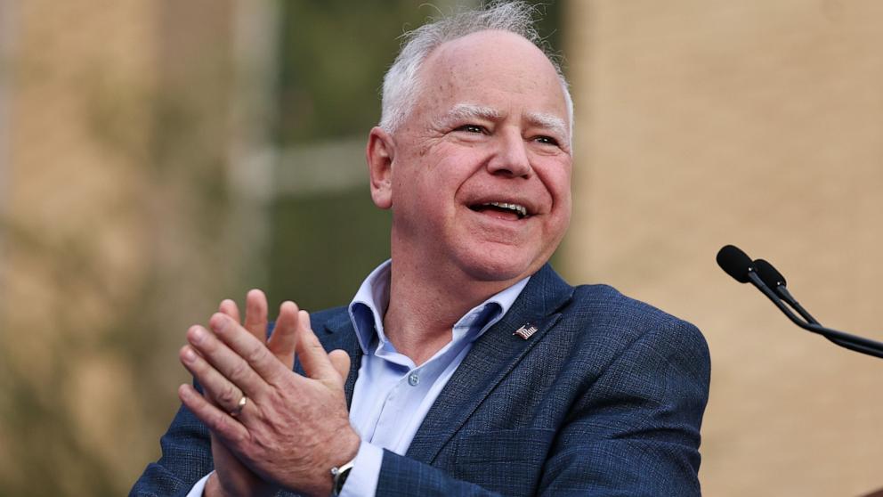 PHOTO: Democratic vice presidential nominee, Minnesota Gov. Tim Walz speaks during a campaign rally at Tucson High Magnet School in Tuscon, Ariz., Nov. 2, 2024.