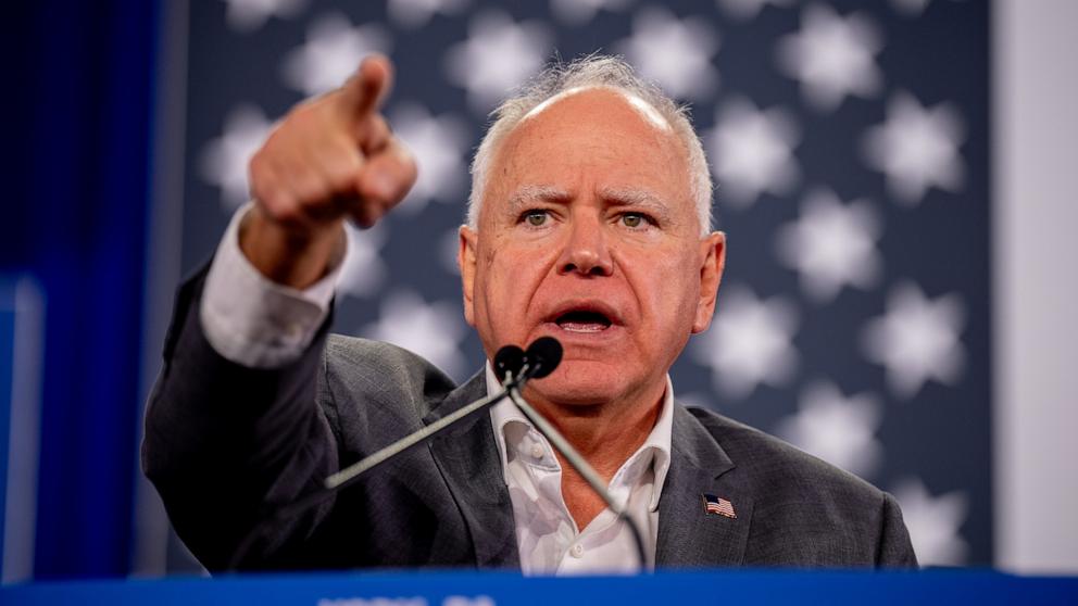 PHOTO: Democratic vice presidential candidate Minnesota Gov. Tim Walz speaks at a rally at York Exposition Center UPMC Arena in York, Penn., Oct. 2, 2024.