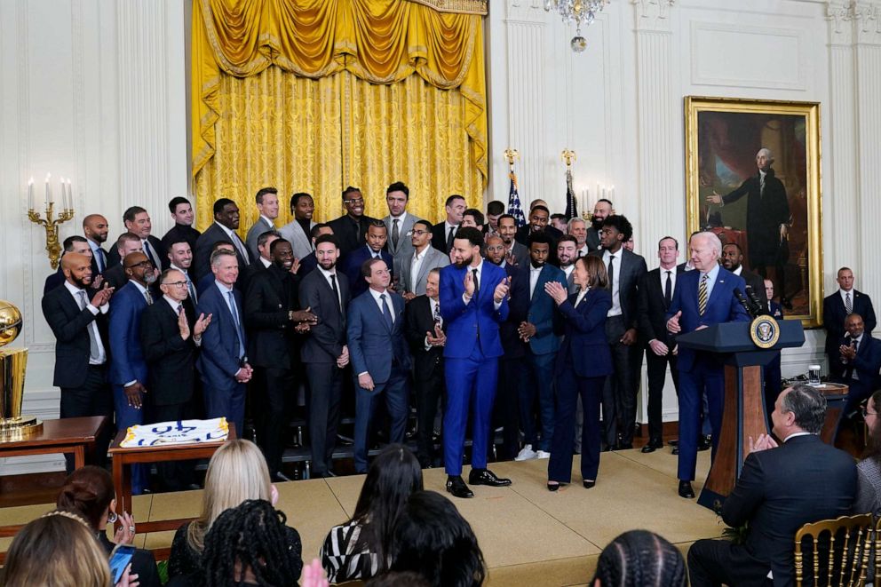 Photo: President Joe Biden welcomes the 2022 NBA champions Golden State Warriors to the East Room of the White House on January 17, 2023 in Washington.