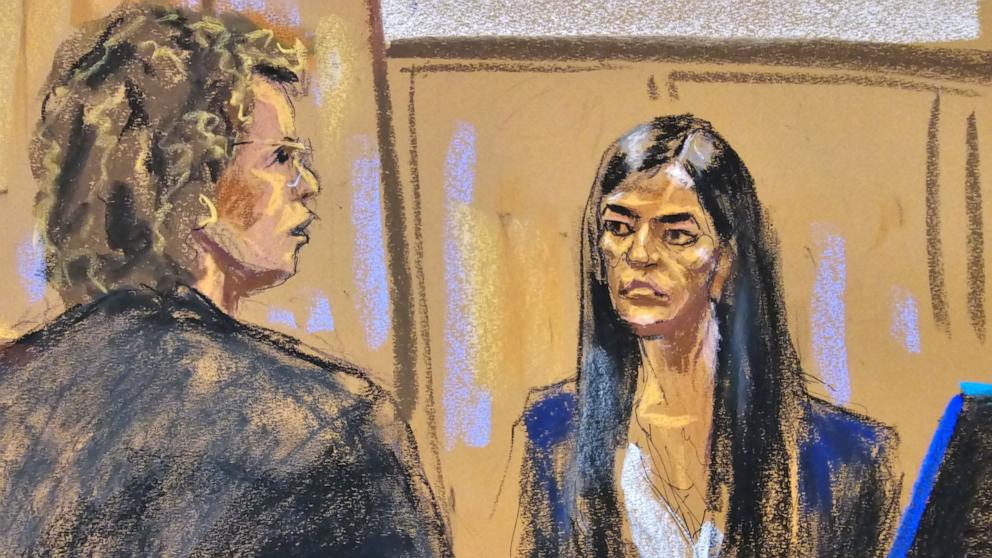 PHOTO: Former Director of Oval Office Operations Madeleine Westerhout is cross-examined by defense attorney Susan Necheles during former President Donald Trump's criminal trial in Manhattan state court, May 10, 2024, in this courtroom sketch.