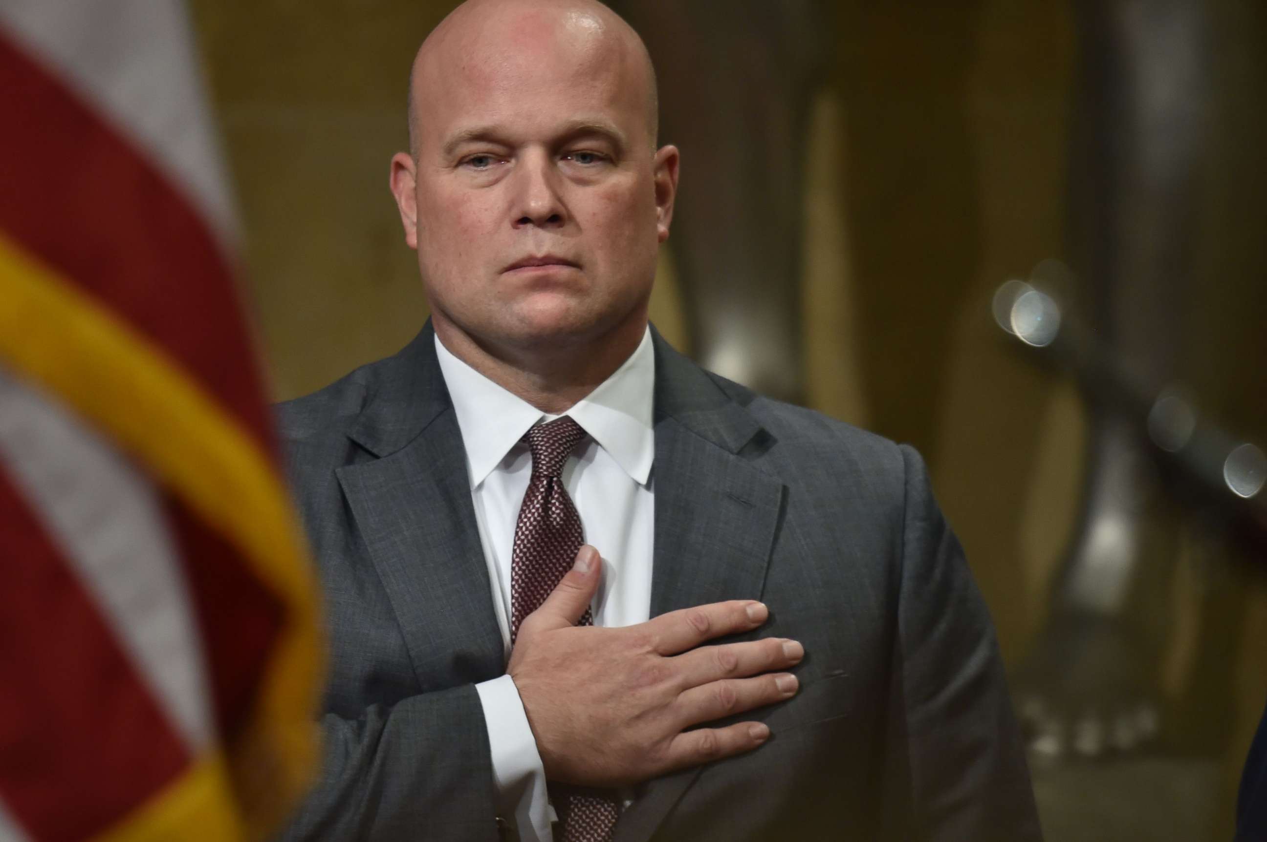 PHOTO: Acting US Attorney General Matthew  Whitaker attends the annual Veterans Appreciation Day ceremony at the Department of Justice in Washington, D.C., Nov. 15, 2018. 