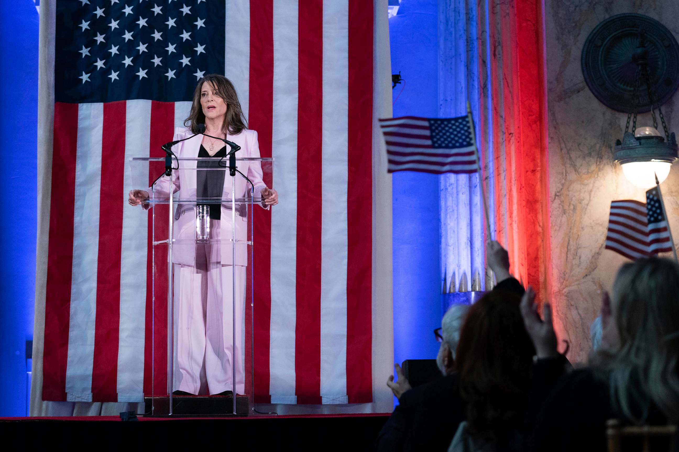 PHOTO: Self-help author Marianne Williamson speaks to the crowd as she launches her 2024 presidential campaign in Washington D.C., March 4, 2023.