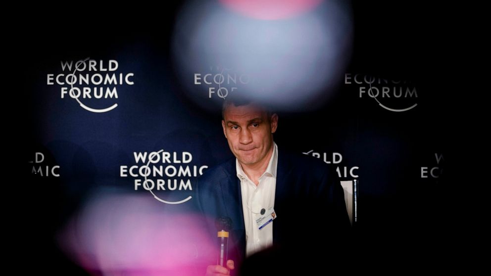 Kyiv Mayor Vitali Klitschko speakes at a conversation about the war in Ukraine during the World Economic Forum in Davos, Switzerland, Thursday, May 26, 2022. The annual meeting of the World Economic Forum is taking place in Davos from May 22 until Ma
