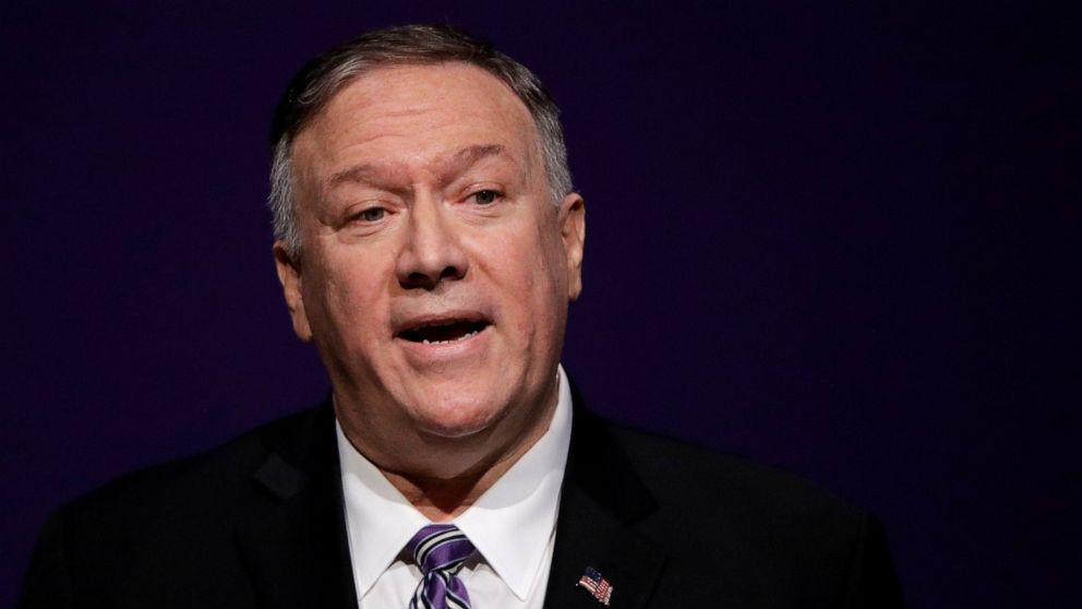 Secretary of State Mike Pompeo gives a speech at the London Lecture series at Kansas State University Friday, Sept. 6, 2019, in Manhattan, Kan. (AP Photo/Charlie Riedel)