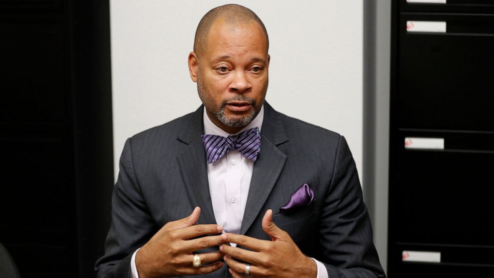 FILE - In this Dec. 14, 2018, file photo, Nevada's incoming Attorney General Aaron Ford speaks with The Associated Press in Las Vegas. The false claims that the 2020 election was stolen from former President Donald Trump and protecting future electio